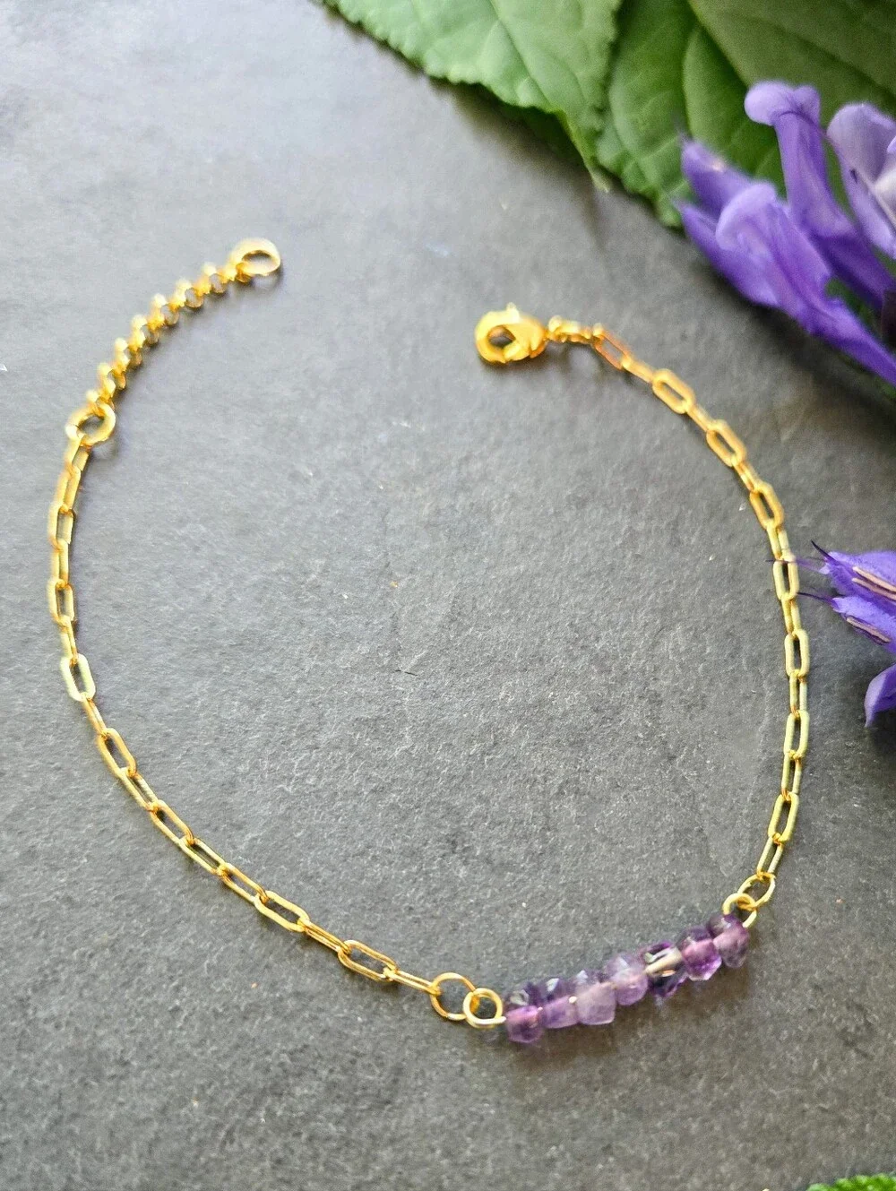 NWT Artisan-Made Amethyst 24k Gold-Plated Paperclip Chain Bracelet
